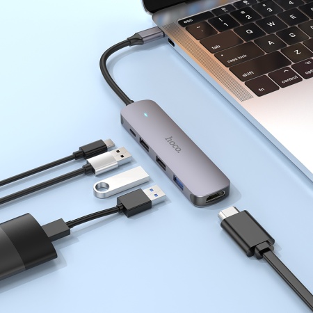 USB HUB разветвитель HOCO HB27 5 в 1 Type-C (m) - USB3.0 + 2xUSB2.0 + Type-C PD + HDMI, 14 см, серый металлик фото