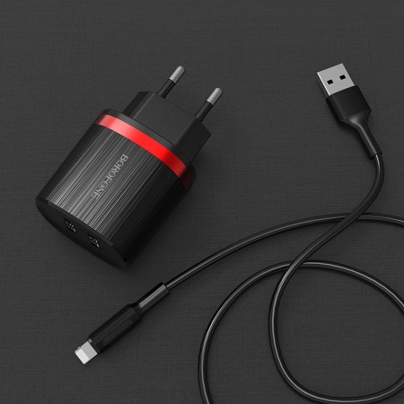 Сетевое зарядное устройство BOROFONE BA7A FlashPlug 2xUSB с Кабелем USB - Lightning, 2.4A, 10.8W, черный фото