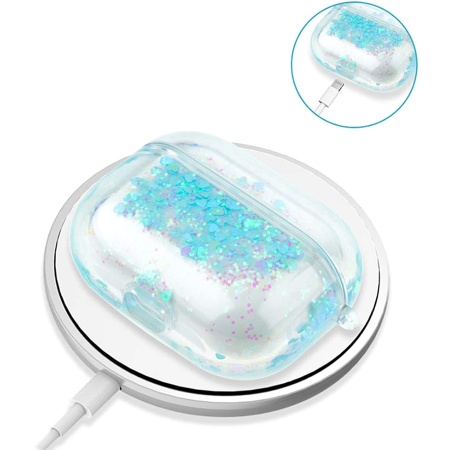 Чехол пластиковый Kingxbar со шнурком для Airpods Pro, прозрачный, голубые блестки (24) фото