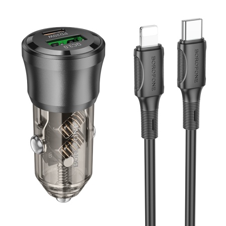 Автомобильное зарядное устройство BOROFONE BZ25 Journey, 1xUSB + 1xUSB-C с Кабелем Type-C - Lightning, 38W, прозрачный черный фото