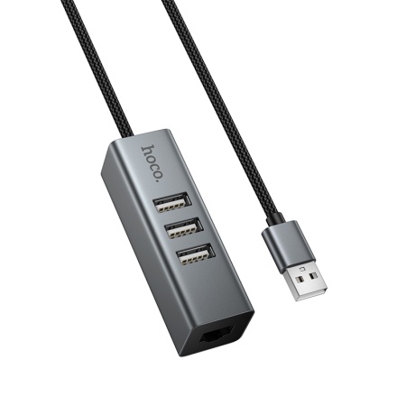 USB HUB разветвитель HOCO HB1D 4 в 1 USB (m) - 3xUSB2.0 (f) + RJ45 (f), 1 м, серый металлик фото