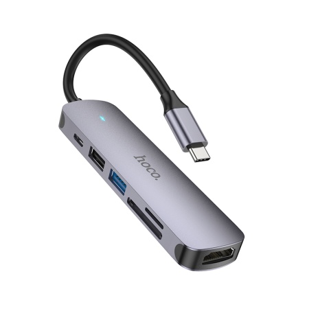 USB HUB разветвитель HOCO HB28 6 в 1 Type-C (m) - USB3.0 + USB2.0 + Type-C PD + HDMI + SD/TF, 14 см, серый металлик фото