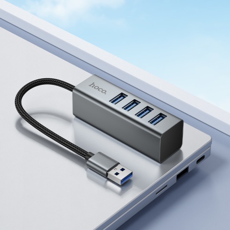 USB HUB разветвитель HOCO HB1B 4 в 1 USB (m) - 4xUSB3.0 (f), 1 м, серый металлик фото