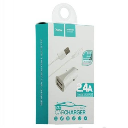 Автомобильное зарядное устройство HOCO Z12 Elite, 2xUSB с Кабелем USB - Lightning, 2.4A, белый фото