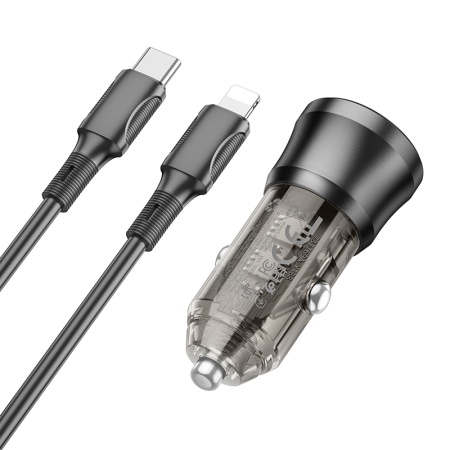 Автомобильное зарядное устройство BOROFONE BZ25 Journey, 1xUSB + 1xUSB-C с Кабелем Type-C - Lightning, 38W, прозрачный черный фото
