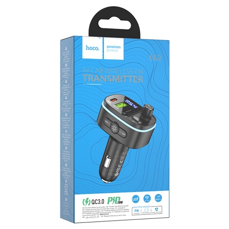 Автомобильное зарядное устройство с FM-Трансмиттер HOCO E62 Fast, 2xUSB + 1xUSB-C, 18W, черный фото