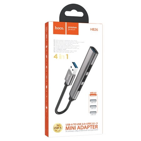 USB HUB разветвитель HOCO HB26 4 в 1 USB3.0 (m) - USB3.0 (f) + 3xUSB2.0 (f), серый металлик фото