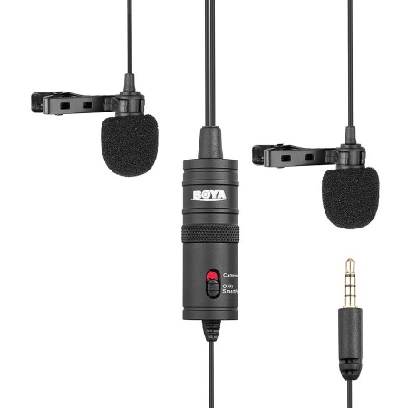 Микрофон петличный проводной BOYA BY-M1DM двойной всенаправленный (B), Jack 3.5mm, черный фото