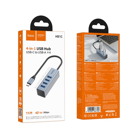 USB HUB разветвитель HOCO HB1C 4 в 1 Type-C (m) - 4xUSB3.0 (f), 1 м, серый металлик фото
