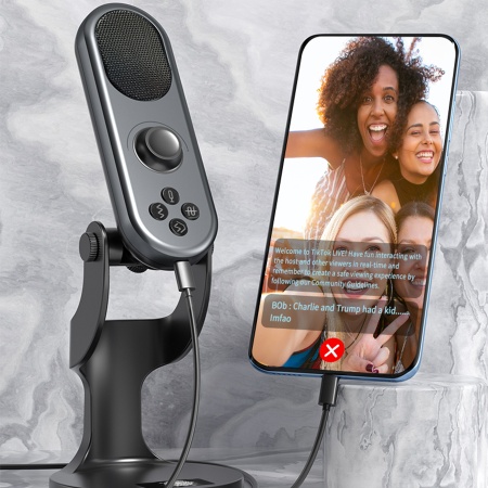 Микрофон универсальный кардиоидный JMARY MC-PW7, Type-C+Lightning+Jack 3.5mm, 1.8 м, черный фото