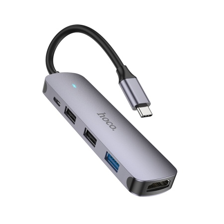 USB HUB разветвитель HOCO HB27 5 в 1 Type-C (m) - USB3.0 + 2xUSB2.0 + Type-C PD + HDMI, 14 см, серый металлик фото