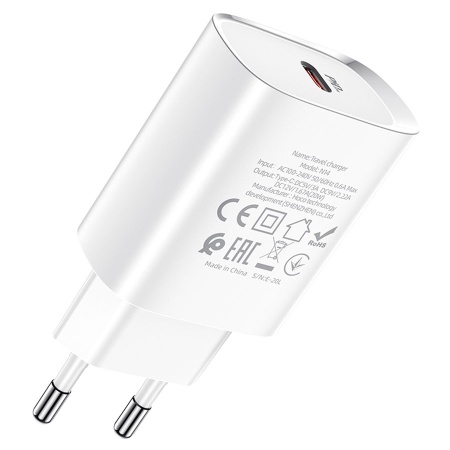 Сетевое зарядное устройство HOCO N14 Smart 1xUSB-C, 3.0A, 20W, белый фото