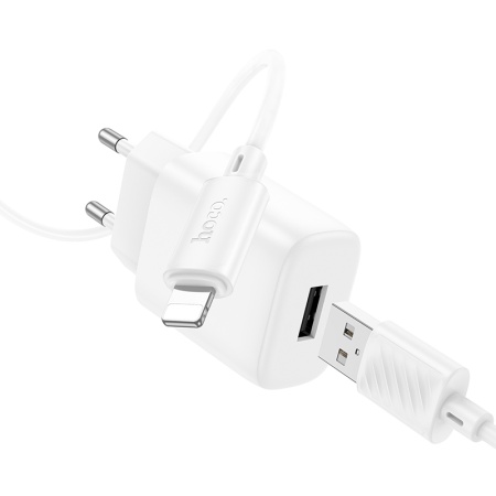 Сетевое зарядное устройство HOCO C134A Solid 1xUSB с Кабелем USB - Lightning, 2.4A, белый фото
