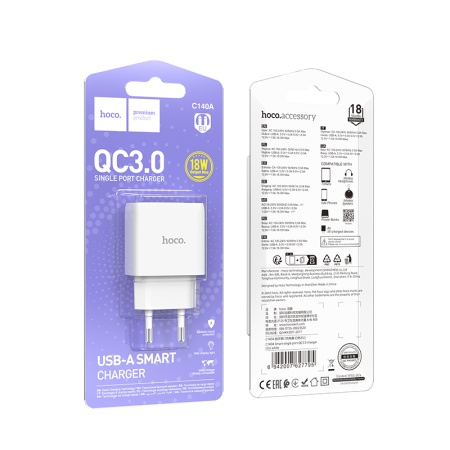 Сетевое зарядное устройство HOCO C140A Smart 1xUSB, 18W, белый фото