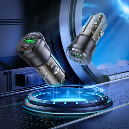 Автомобильное зарядное устройство BOROFONE BZ25 Journey, 1xUSB + 1xUSB-C с Кабелем Type-C - Lightning, 38W, прозрачный черный фото