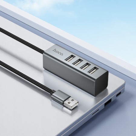 USB HUB разветвитель HOCO HB1A 4 в 1 USB (m) - 4xUSB2.0 (f), 1 м, серый металлик фото