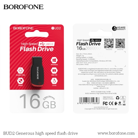 USB флеш-накопитель BOROFONE BUD2, USB 2.0, 16GB, черный фото
