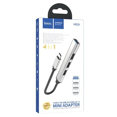 USB HUB разветвитель HOCO HB26 4 в 1 Type-C (m) - USB3.0 (f) + 3xUSB2.0 (f), серебристый фото
